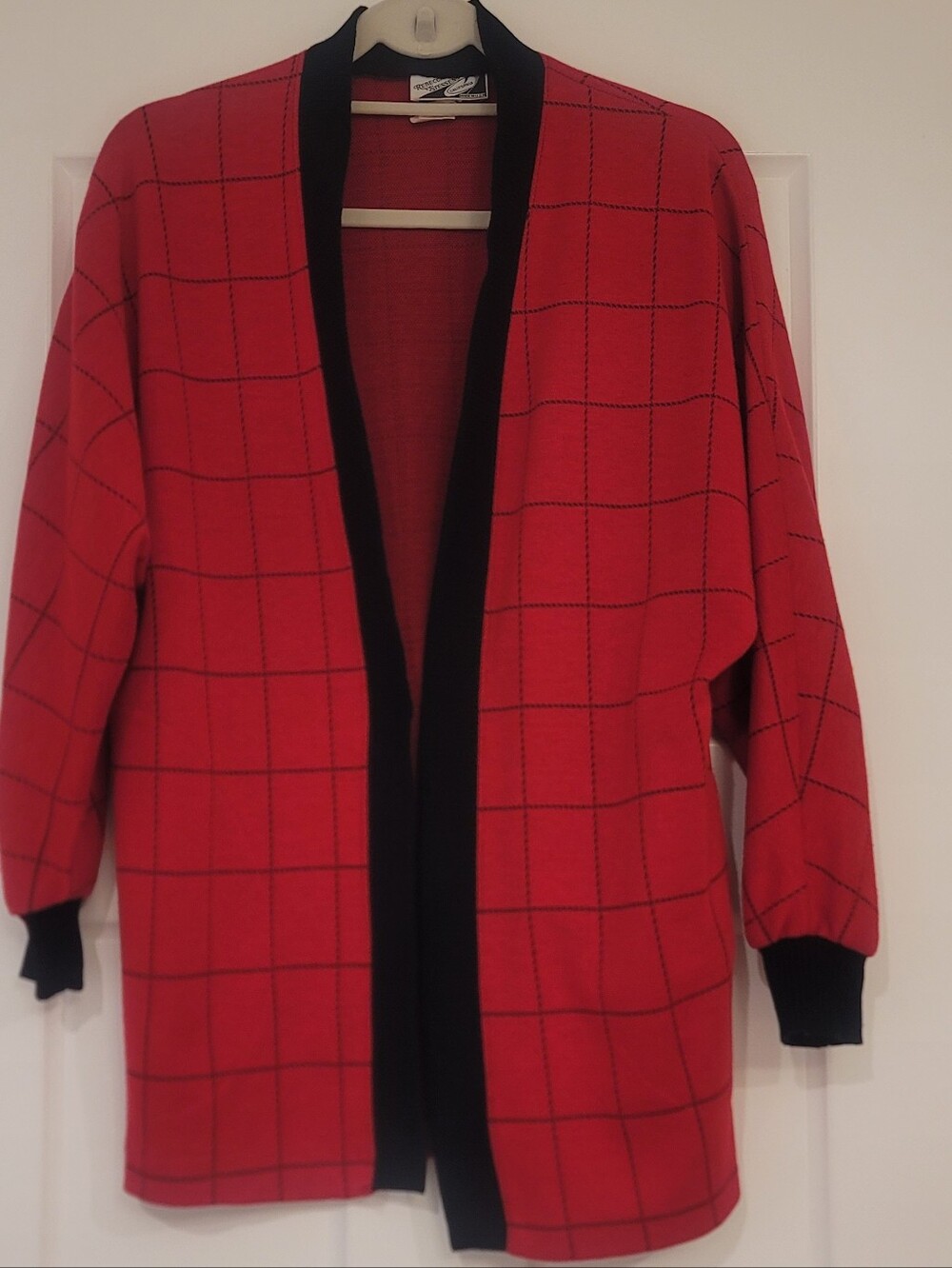 Vintage Red Windowpane Open-Front Cardigan Made In USA